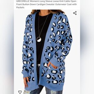 Grecerelle long sleeve loose knit open cardigan animal print with pockets sz XL